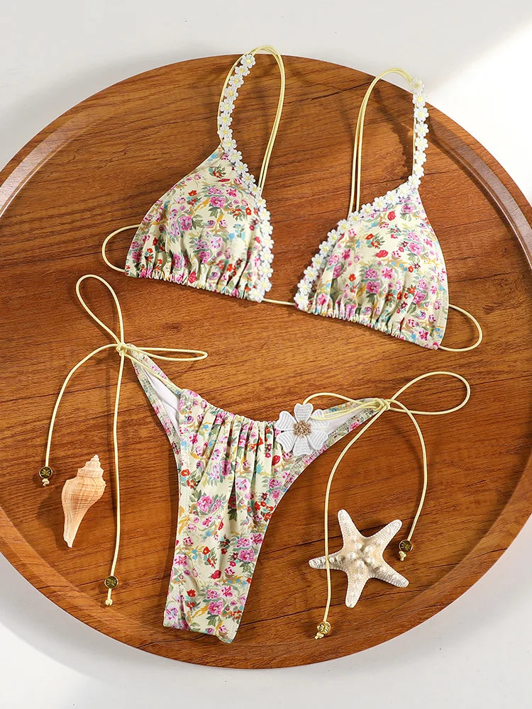 ZRTAK Sexy Conjunto de Bikini Floral 3D Bañador de Triángulo con Borde de Encaje para Mujer 2026 Bikinis Micro Tangas Trajes de Baño con Vendas